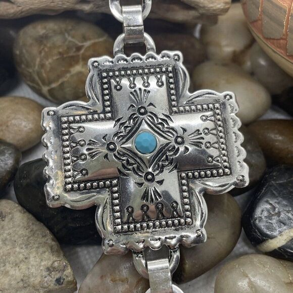 Womens Western Southwest Silver Cross Chain belt adjustable TO 40" Turquoise - Picture 4 of 7